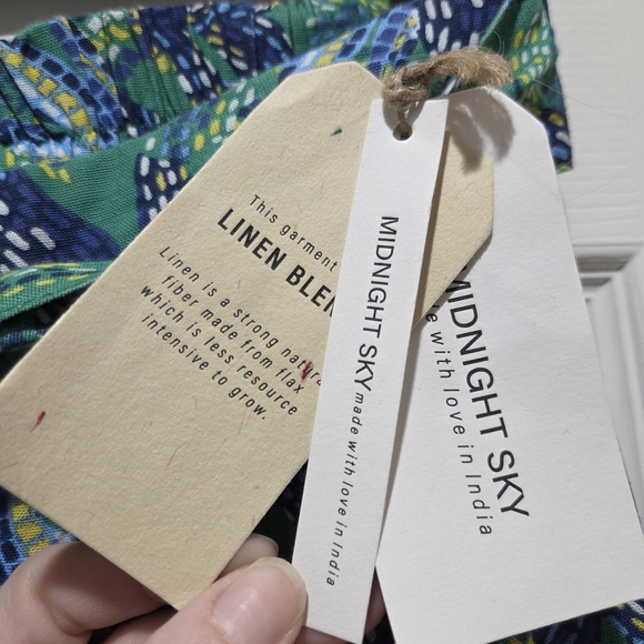 Midnight Sky Linen Green and Blue Patterned Women's Pants - Picture 3 of 3